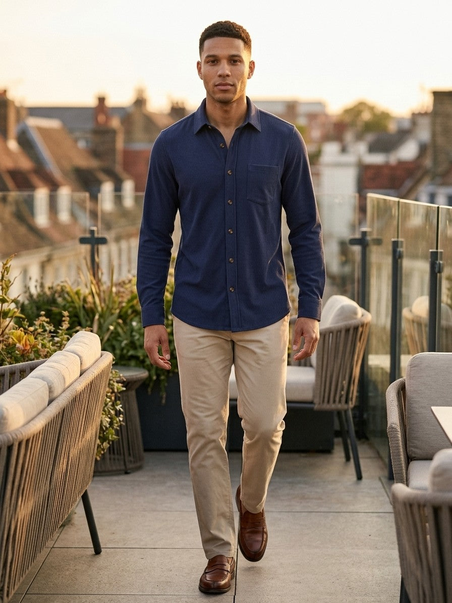 Lucca Men's Ribbed Button-Up Shirt — navyblue — lifestyle