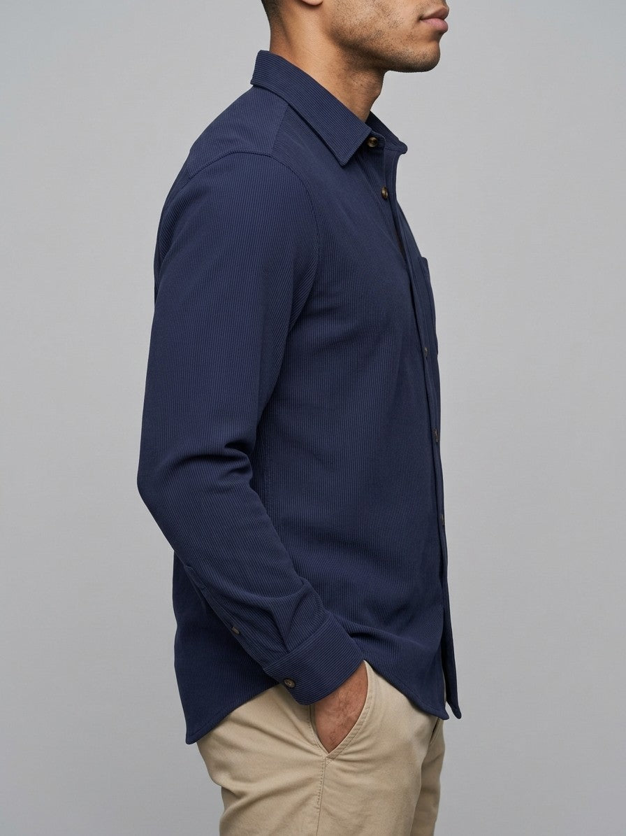 Lucca Men's Ribbed Button-Up Shirt — navyblue — side