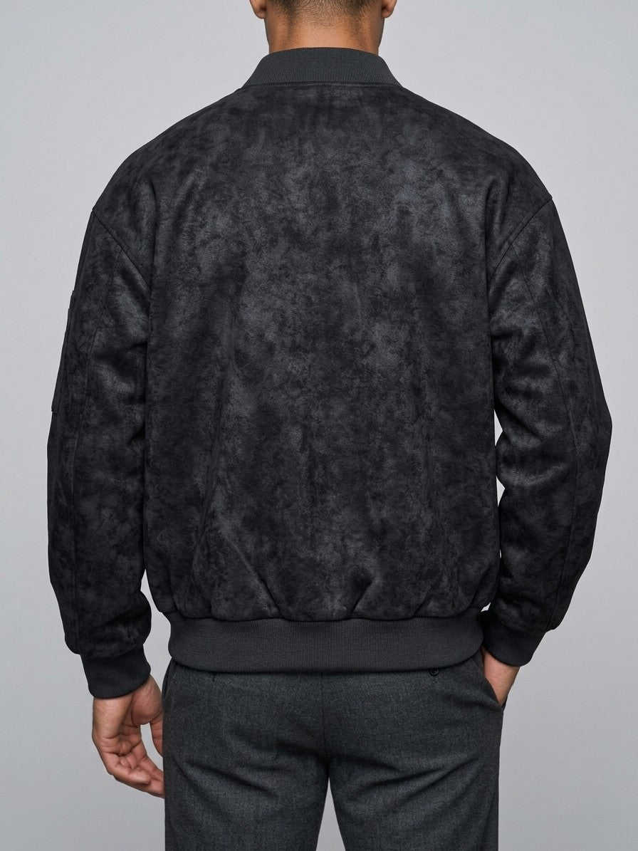Lucignano Men's Washed Faux Suede Bomber Jacket — black — back
