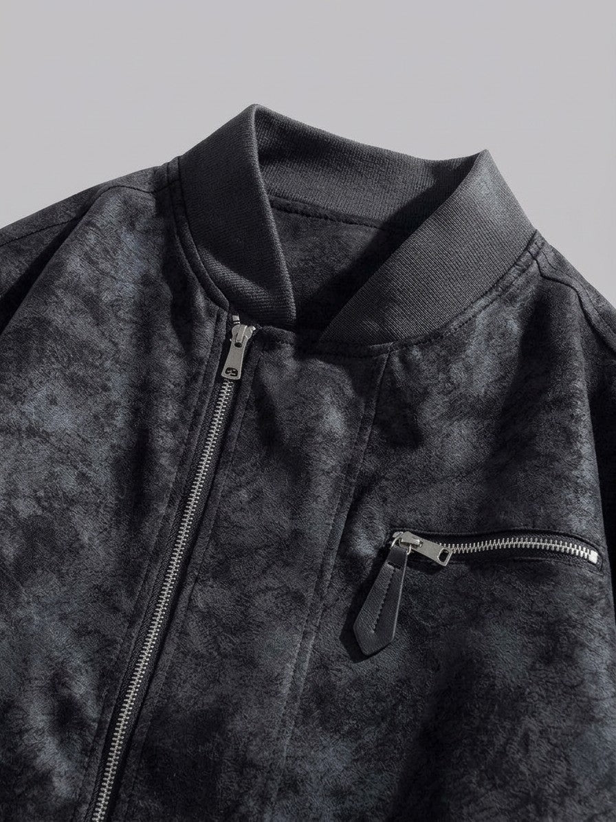 Lucignano Men's Washed Faux Suede Bomber Jacket — black — detail-2