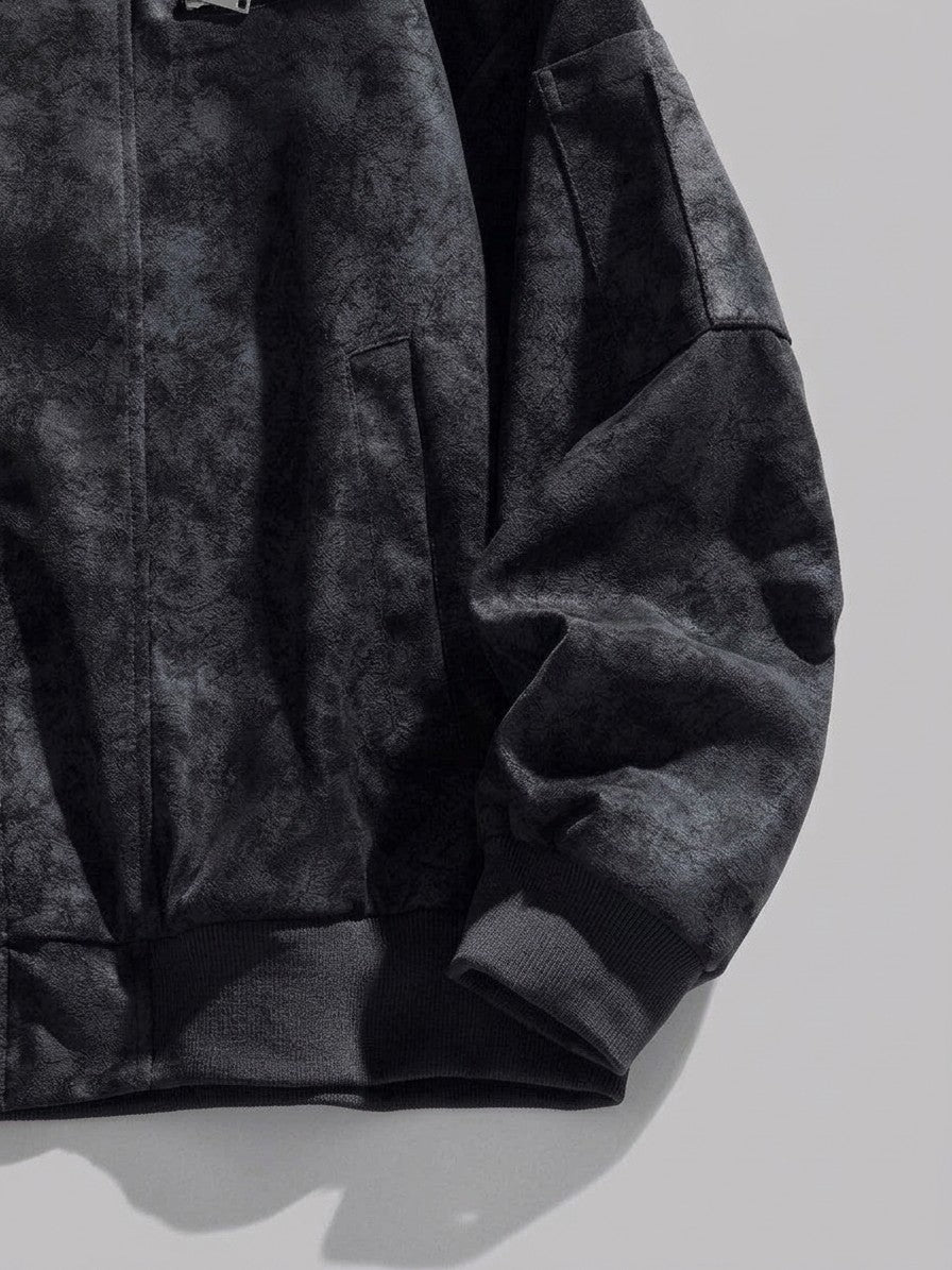 Lucignano Men's Washed Faux Suede Bomber Jacket — black — detail-collar
