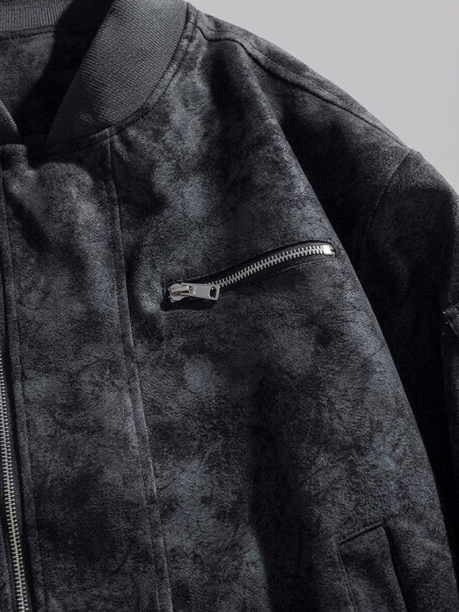 Lucignano Men's Washed Faux Suede Bomber Jacket — black — detail