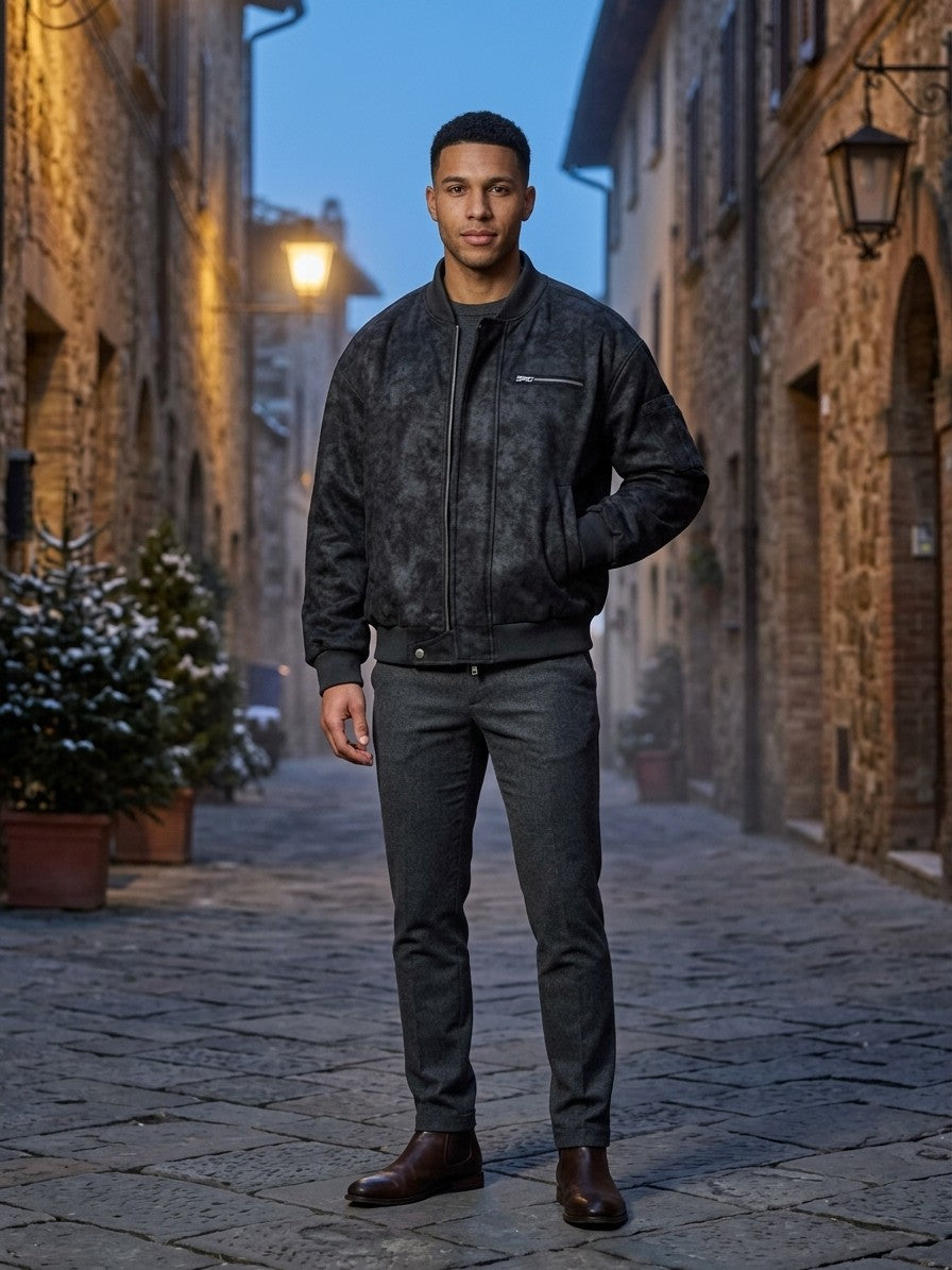 Lucignano Men's Washed Faux Suede Bomber Jacket — black — lifestyle