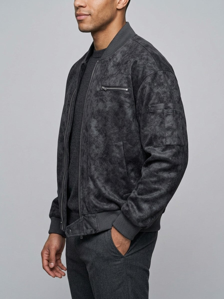 Lucignano Men's Washed Faux Suede Bomber Jacket — black — side