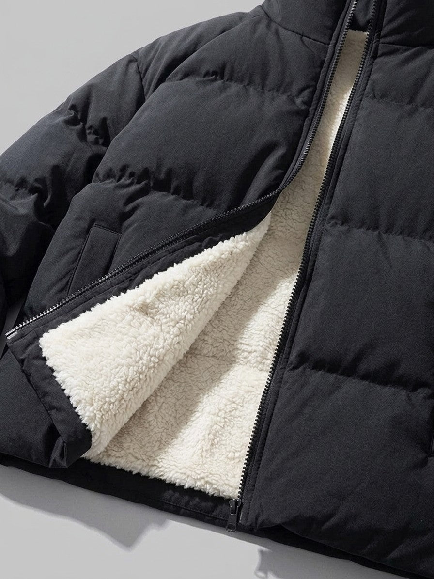 Luino Men's Raglan Plush-Lined Puffer Jacket — black — detail