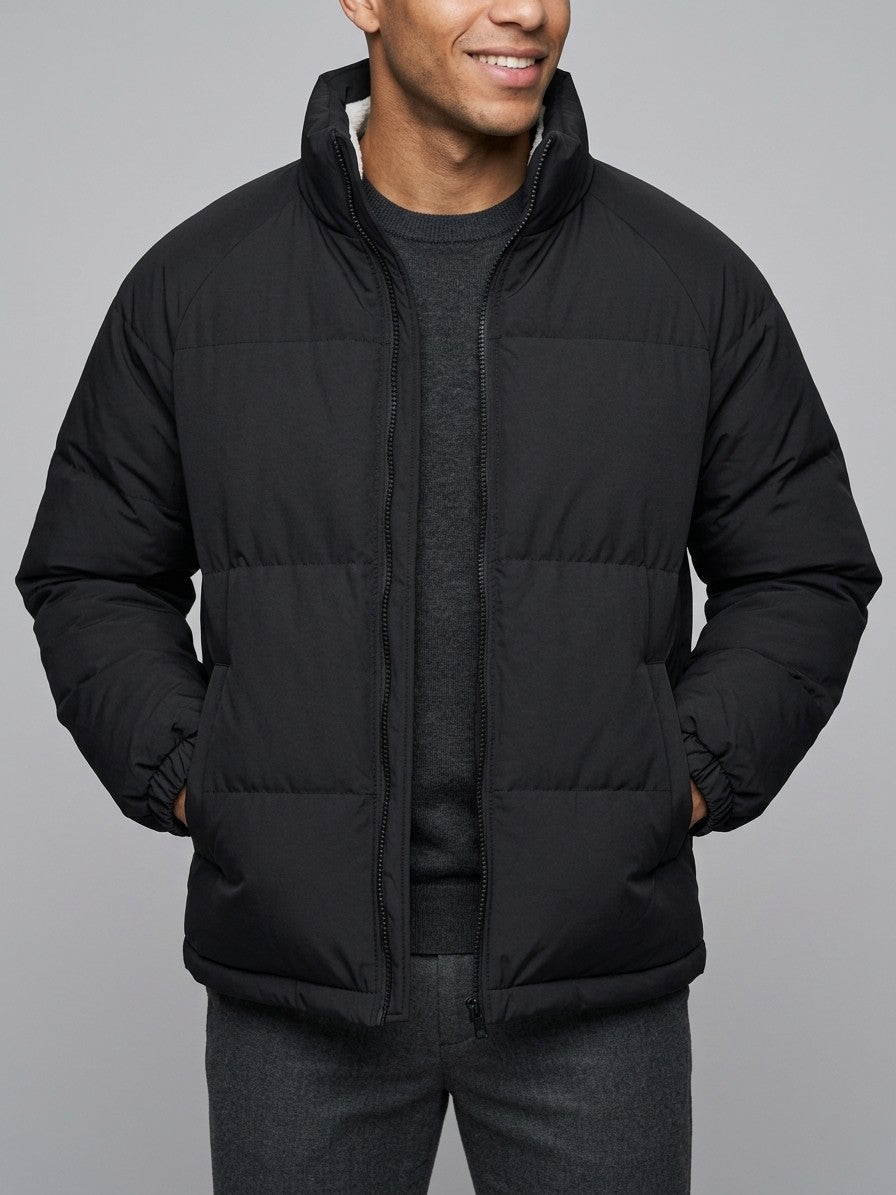 Luino Men's Raglan Plush-Lined Puffer Jacket — black — front