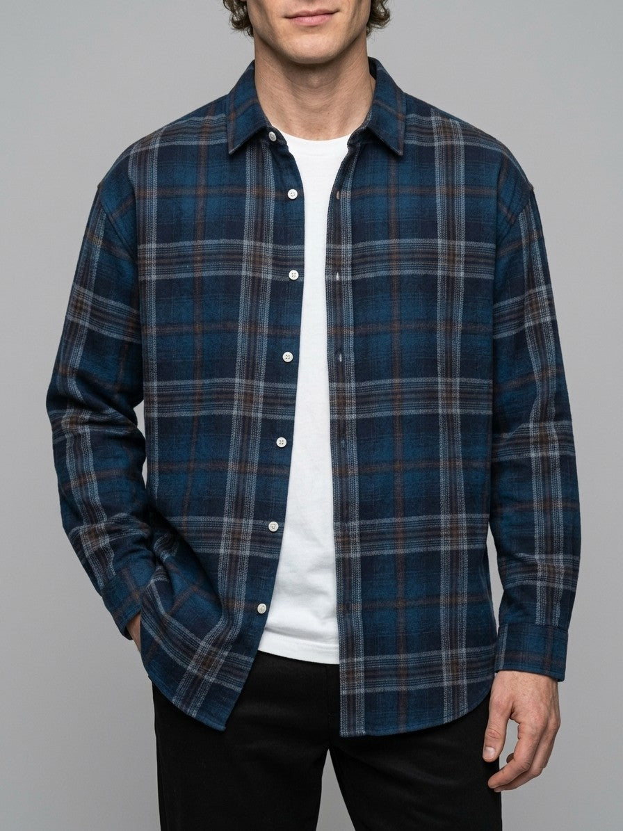 Macerata Men's Relaxed Plaid Shirt — navyblue — front