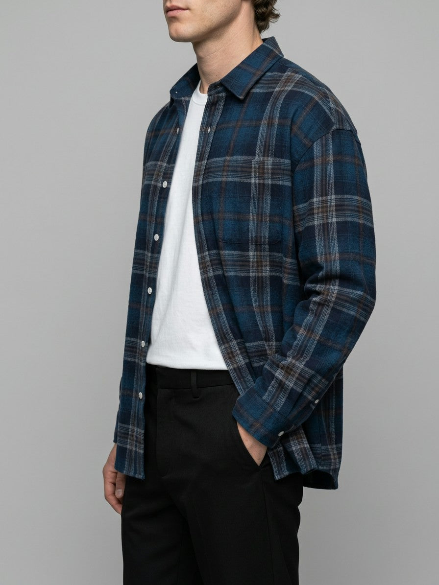 Macerata Men's Relaxed Plaid Shirt — navyblue — side