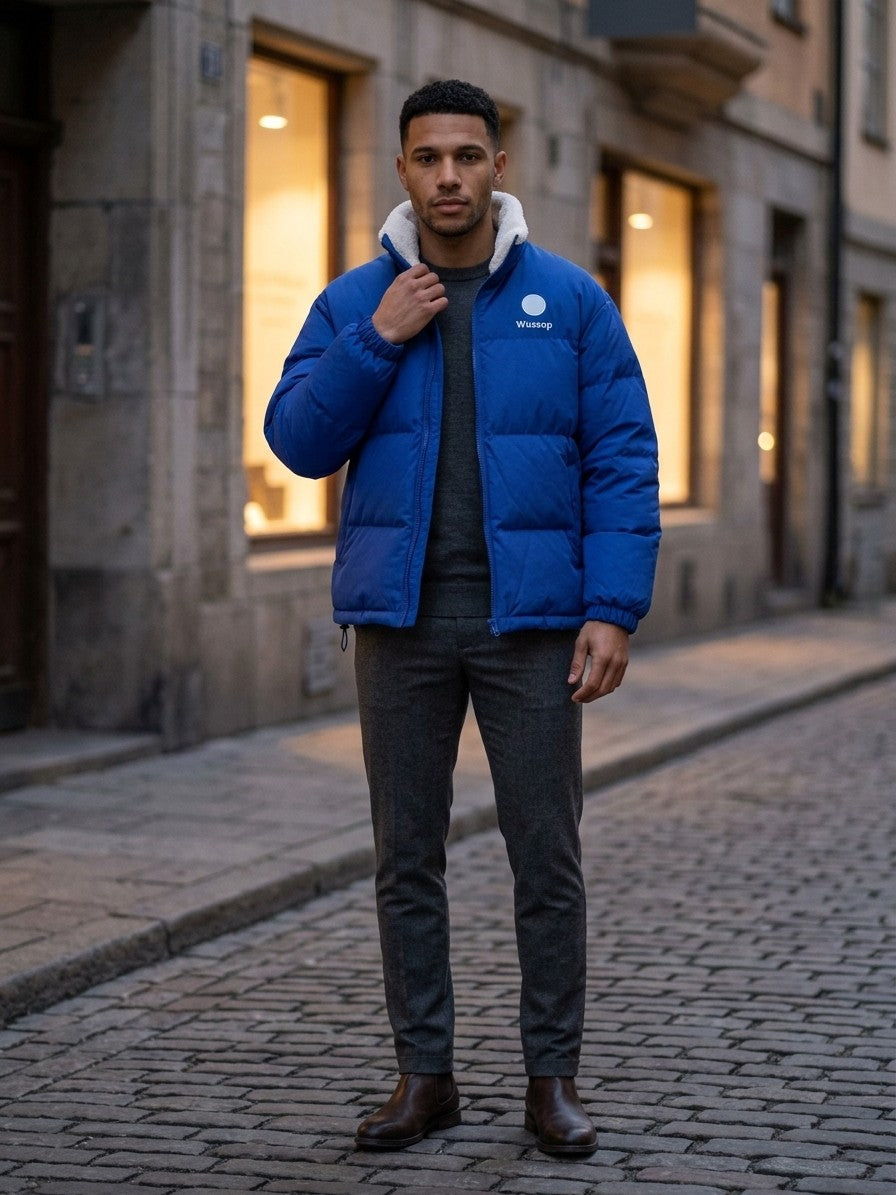 Macomer Men's Fleece-Collar Cobalt Puffer Jacket — blue — lifestyle