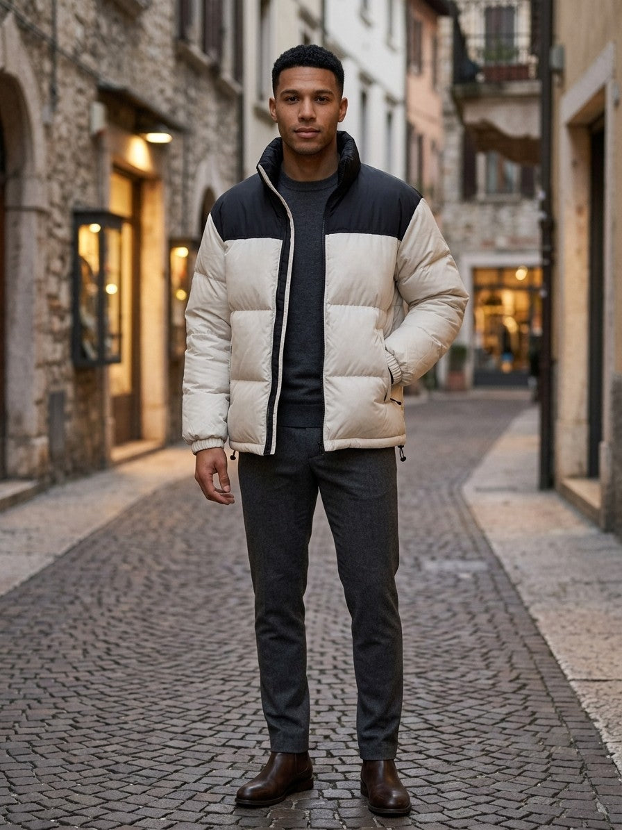 Malcesine Men's Color-Block Quilted Puffer Jacket — beigewhite — lifestyle