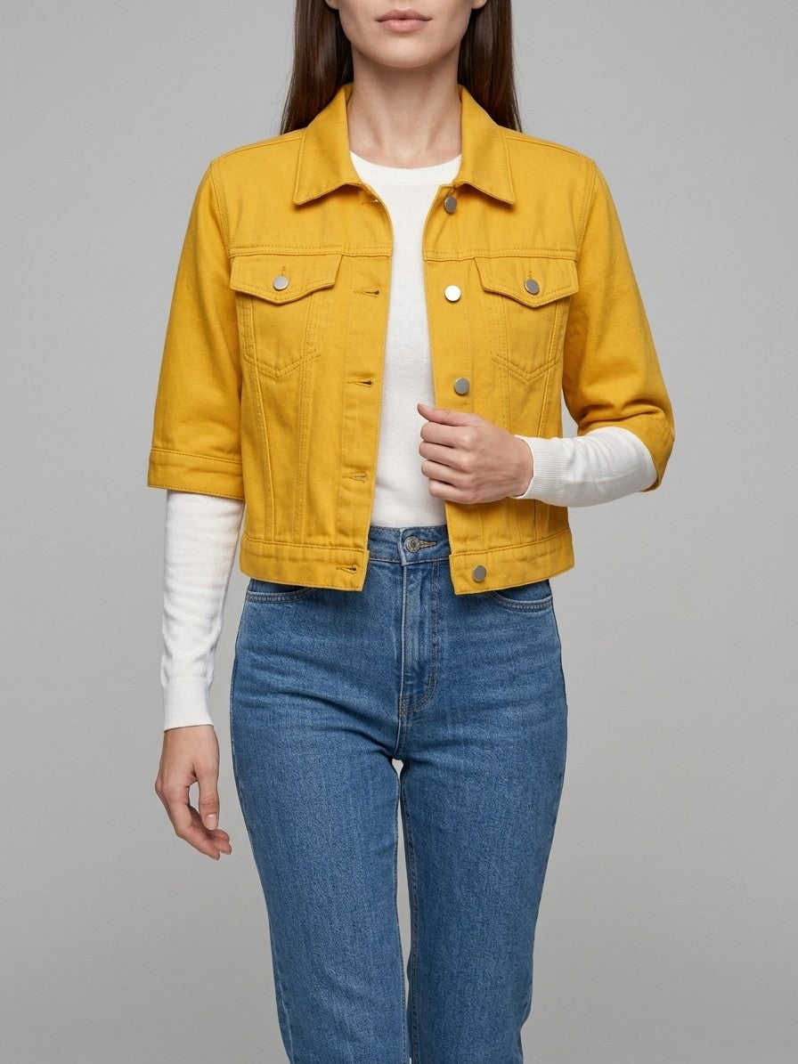 Manarola Women's Cropped Half-Sleeve Denim Jacket — gold — front