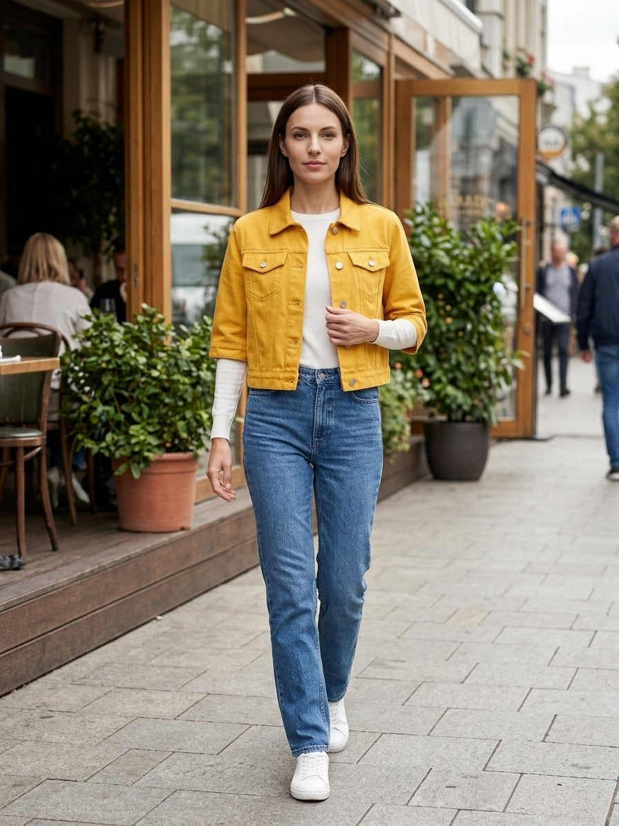 Manarola Women's Cropped Half-Sleeve Denim Jacket — gold — lifestyle