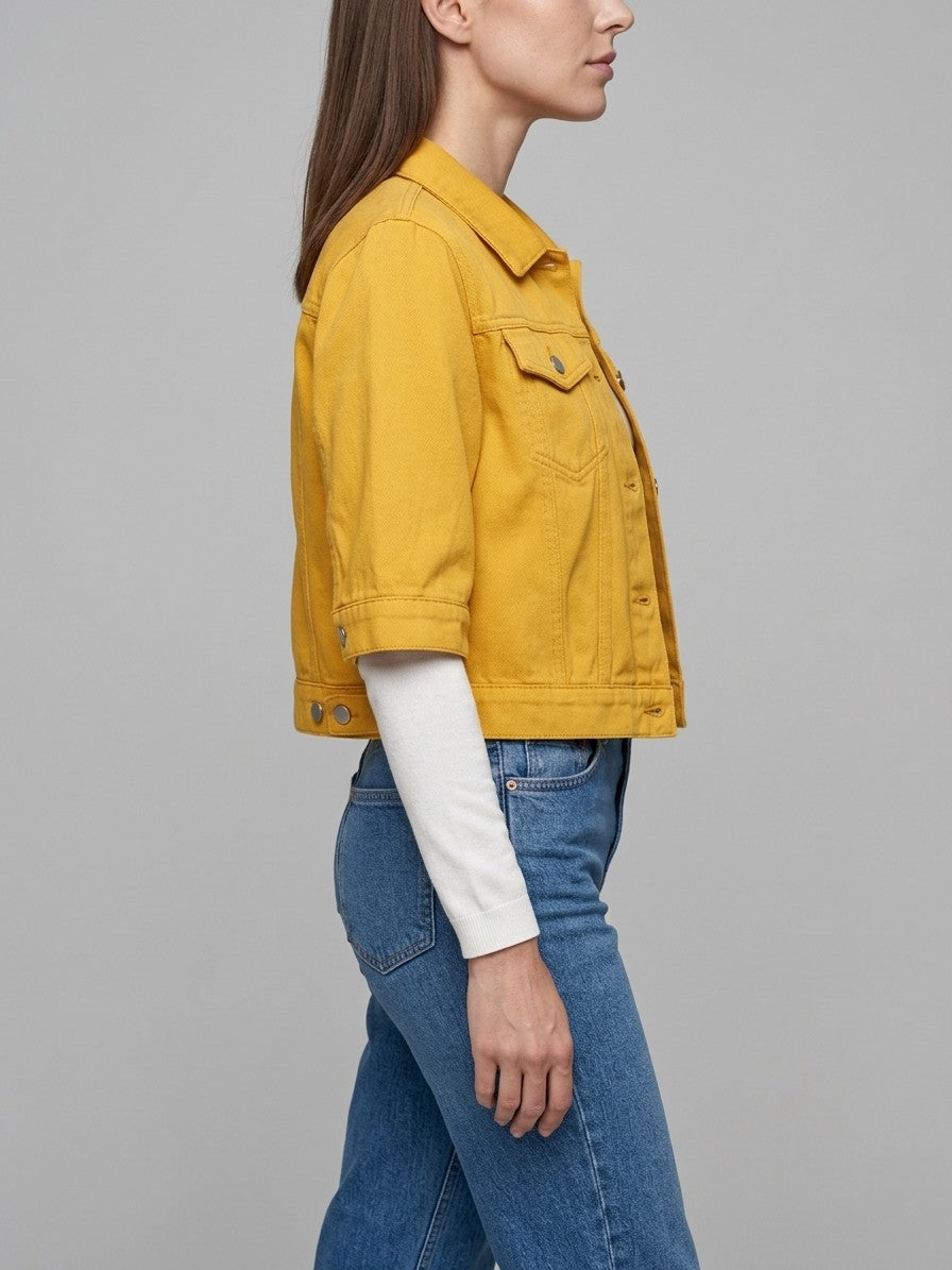 Manarola Women's Cropped Half-Sleeve Denim Jacket — gold — side