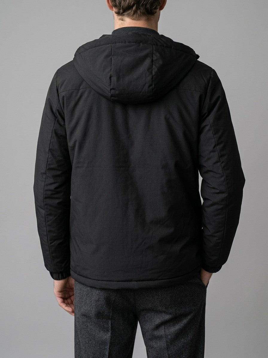 Manduria Men's Hooded Storm-Flap Padded Jacket — black — back