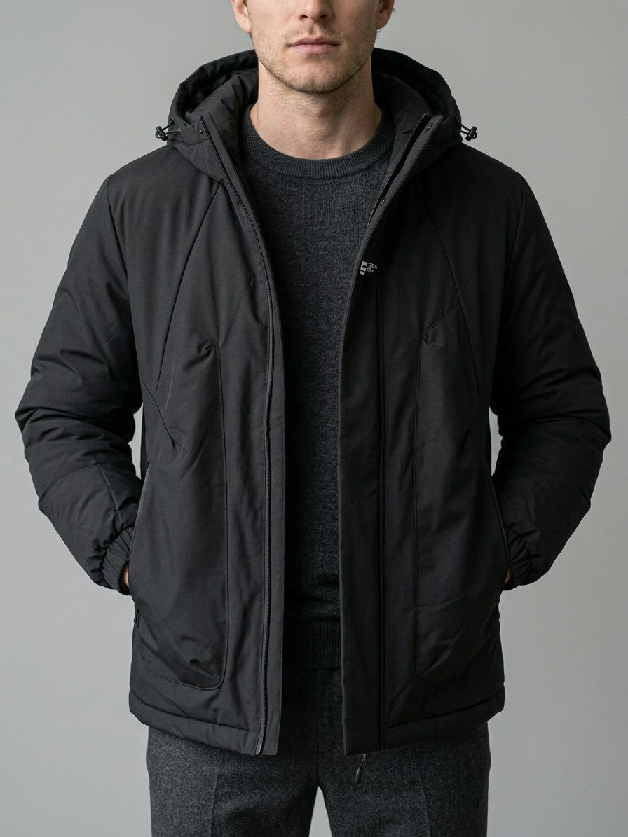 Manduria Men's Hooded Storm-Flap Padded Jacket — black — front