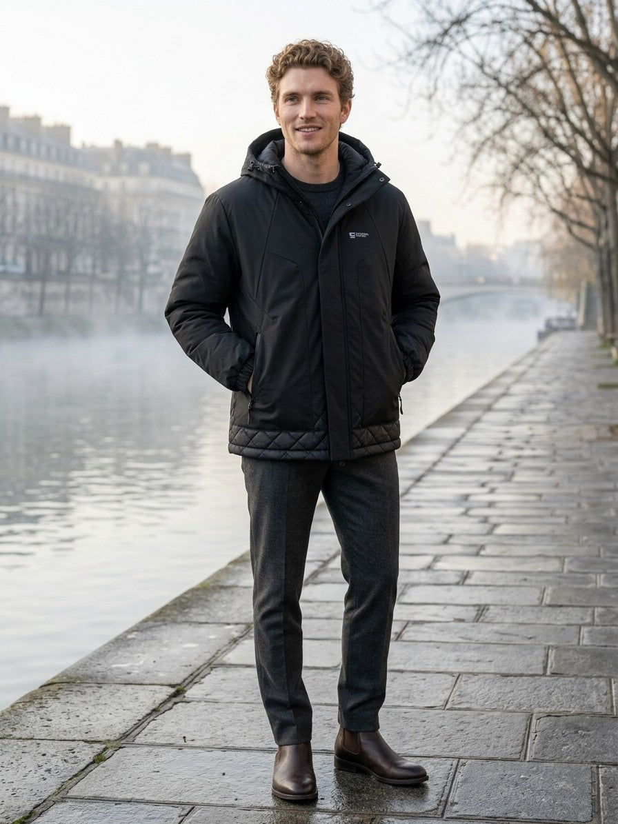 Manduria Men's Hooded Storm-Flap Padded Jacket — black — lifestyle