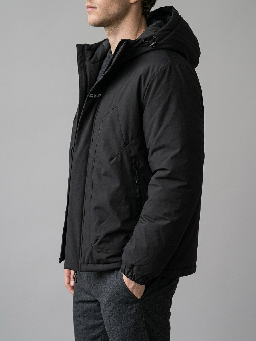 Manduria Men's Hooded Storm-Flap Padded Jacket — black — side