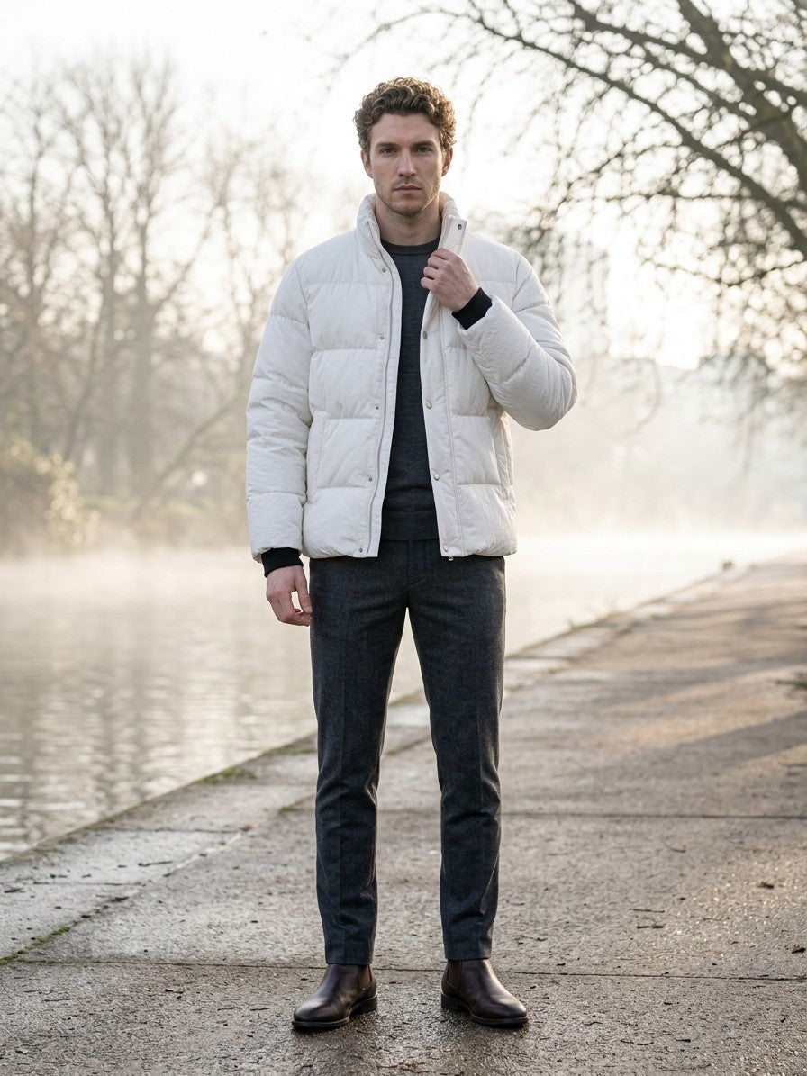 Manfredonia Men's Knit-Cuff Quilted Puffer Jacket — white — lifestyle