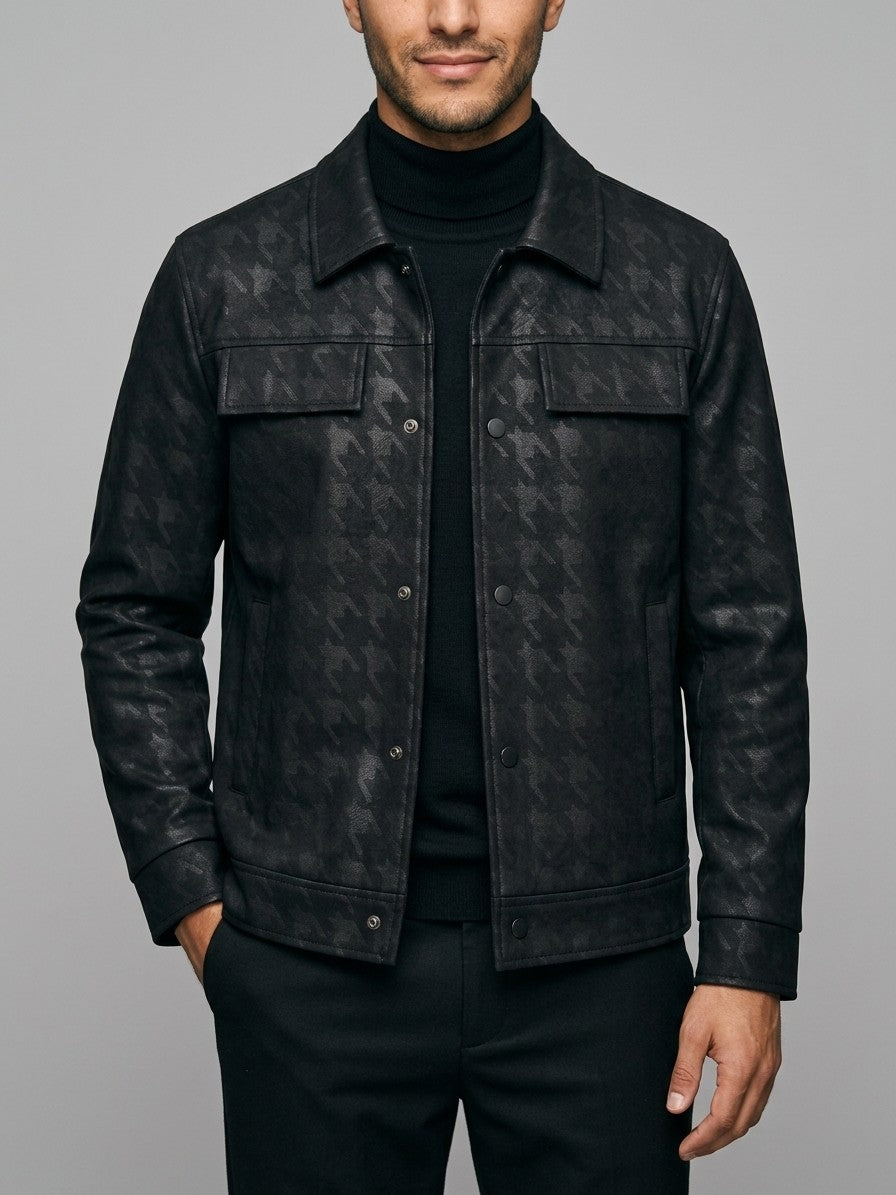 Maniago Men's Houndstooth Faux Leather Trucker Jacket — black — front