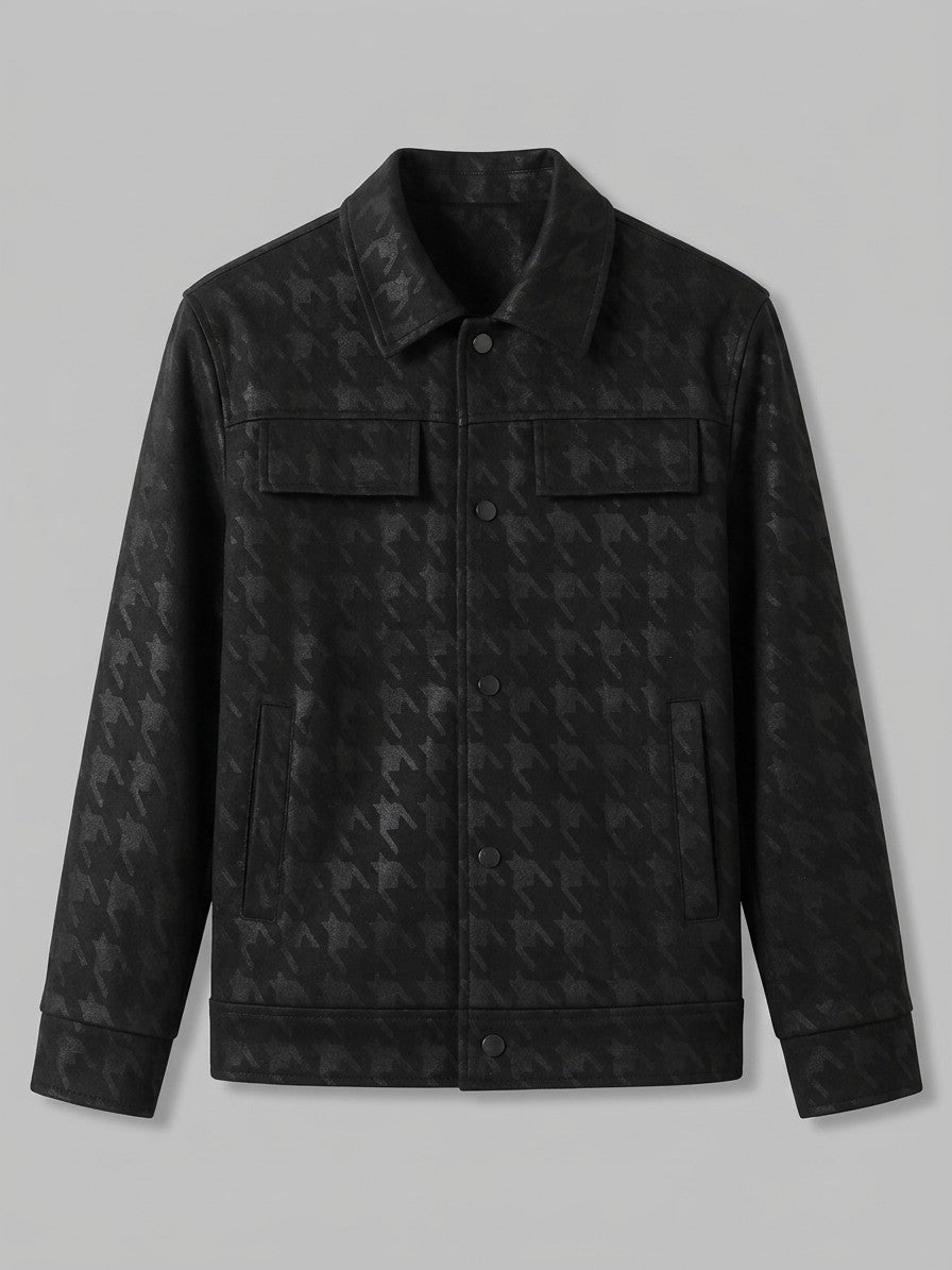 Maniago Men's Houndstooth Faux Leather Trucker Jacket — black — packshot