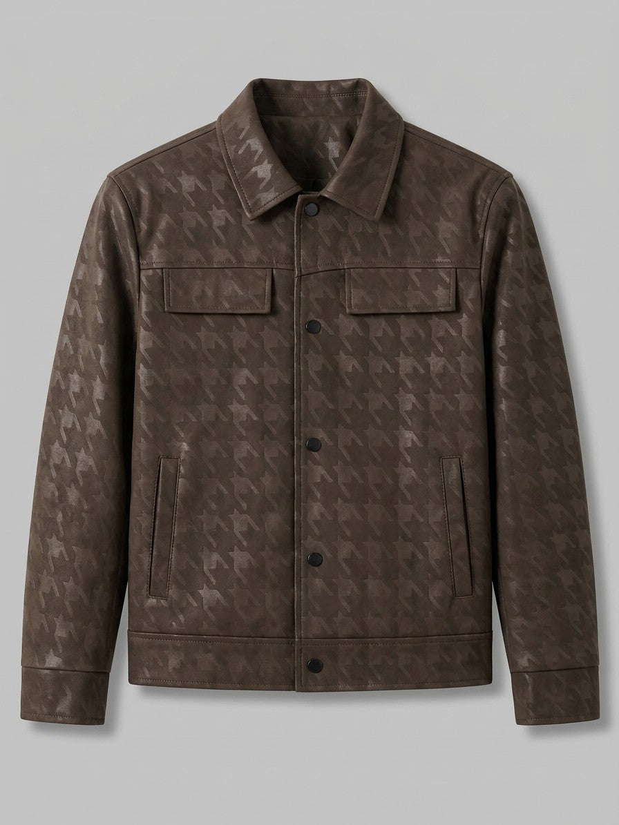 Maniago Men's Houndstooth Faux Leather Trucker Jacket — coffeebrown — packshot