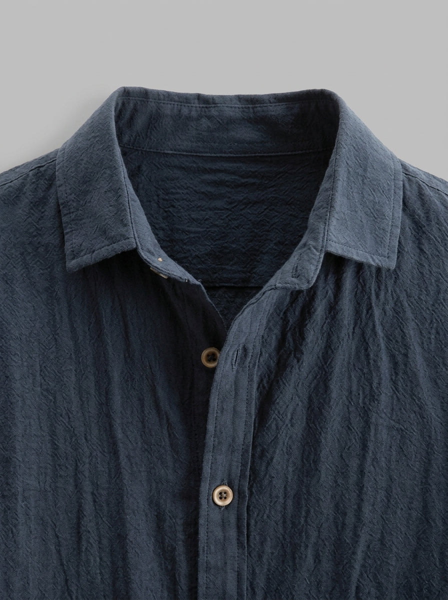 Marino Men's 100% Cotton Long Sleeve Shirt — darkblue — detail-collar