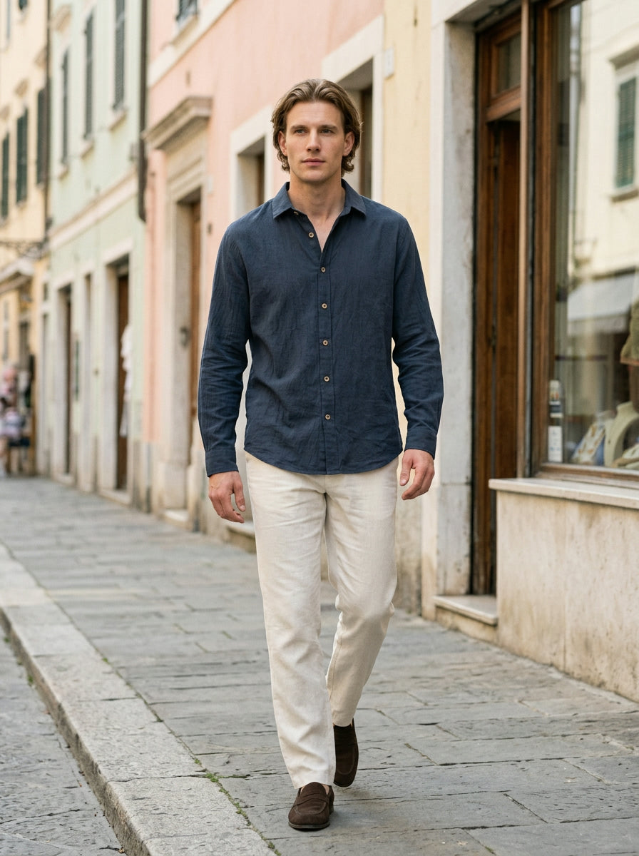 Marino Men's 100% Cotton Long Sleeve Shirt — darkblue — lifestyle