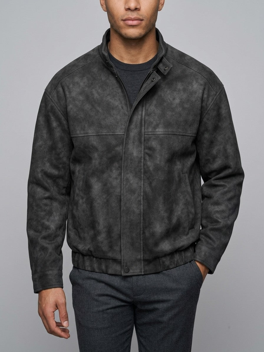 Marostica Men's Stand-Collar Washed Suede-Look Jacket — black — front