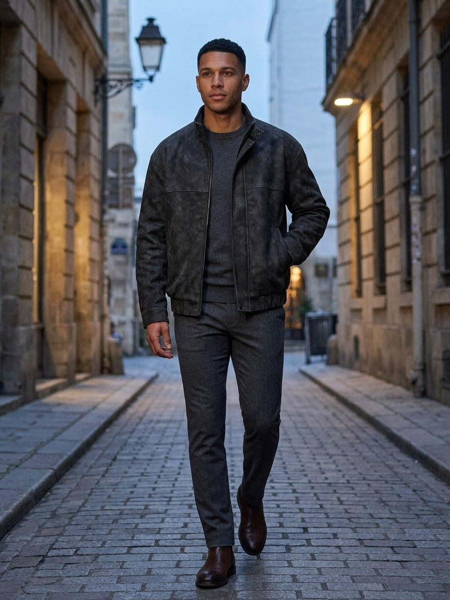 Marostica Men's Stand-Collar Washed Suede-Look Jacket — black — lifestyle