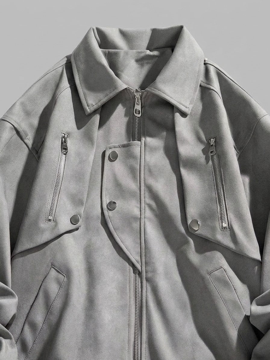 Marsala Men's Snap-Bib Faux Suede Bomber Jacket — lightgray — detail-2
