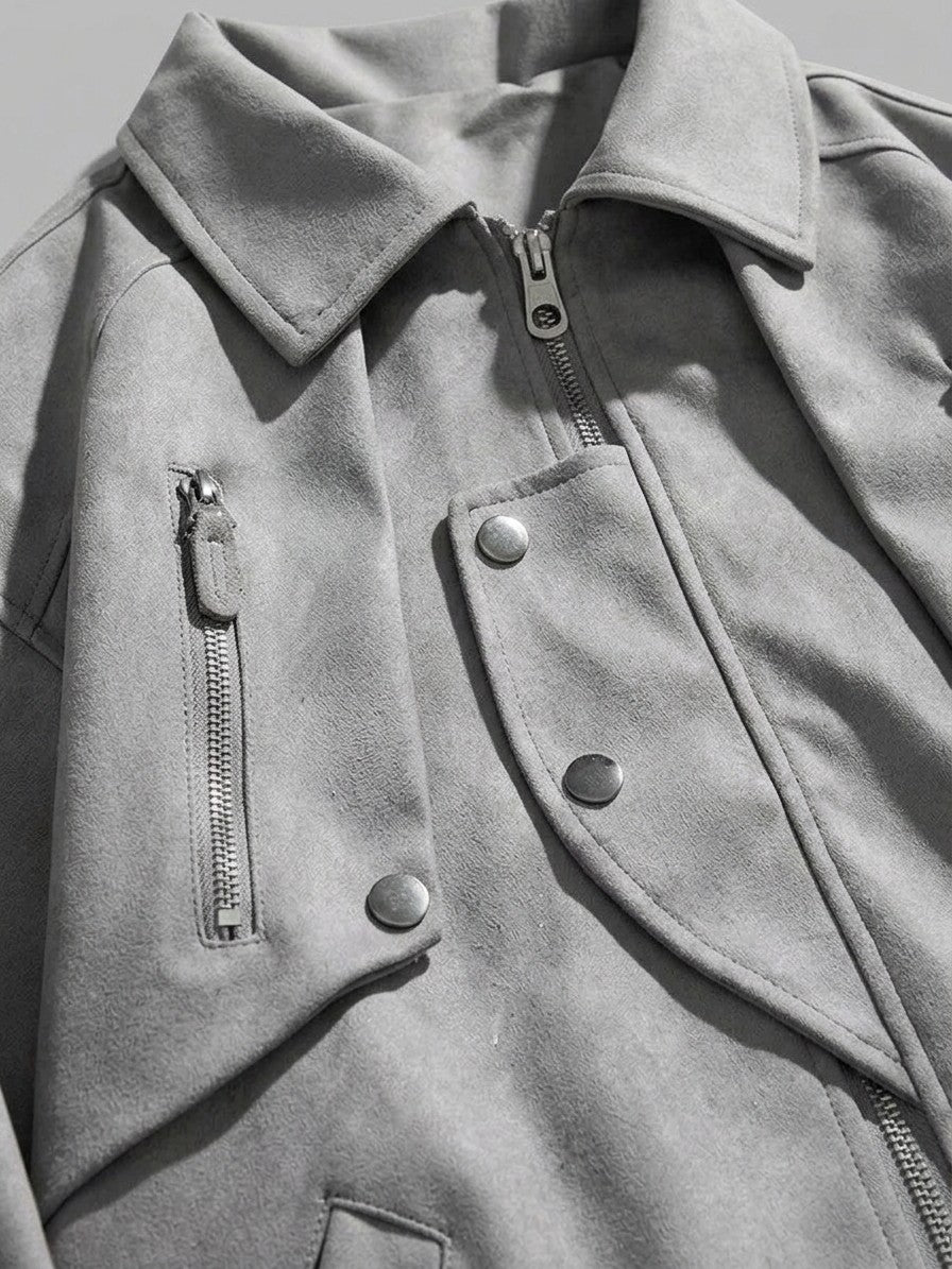 Marsala Men's Snap-Bib Faux Suede Bomber Jacket — lightgray — detail-collar