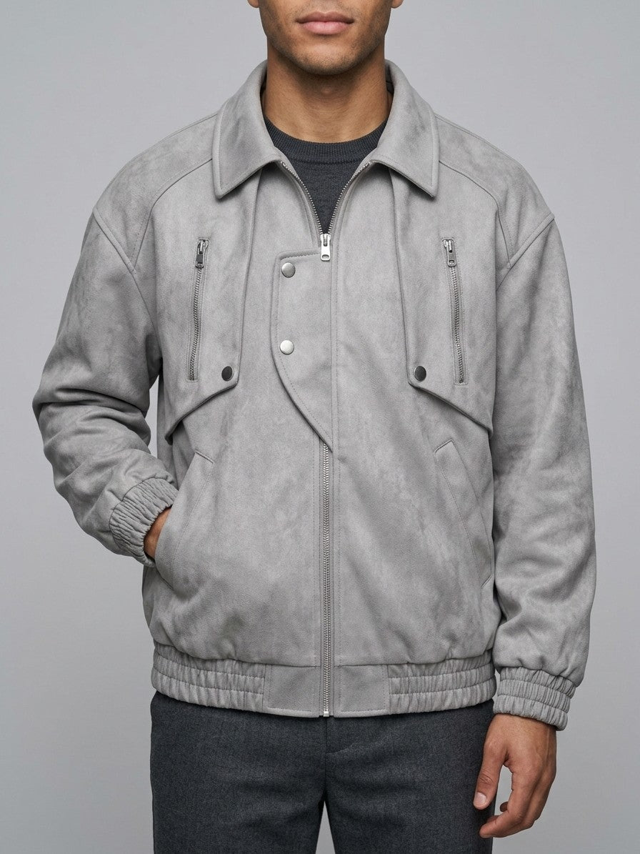 Marsala Men's Snap-Bib Faux Suede Bomber Jacket — lightgray — front