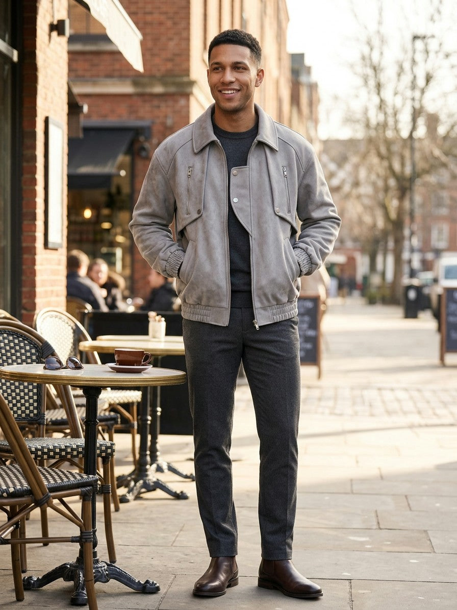 Marsala Men's Snap-Bib Faux Suede Bomber Jacket — lightgray — lifestyle
