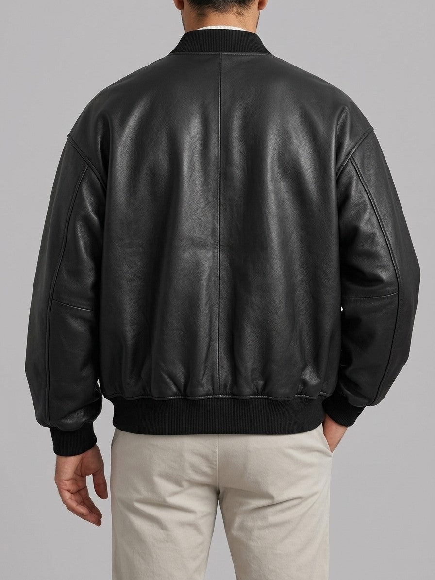 Massa Men's Oversized Genuine Leather Bomber Jacket — black — back