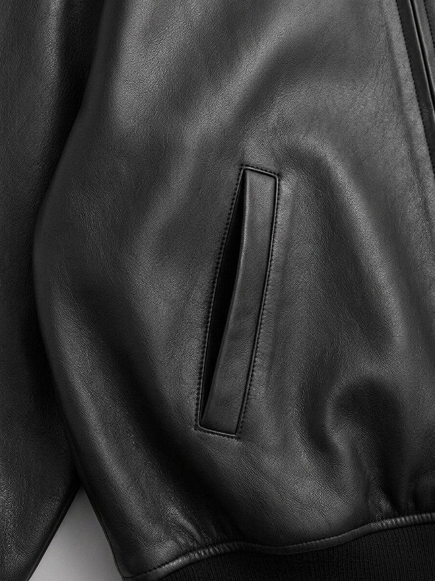 Massa Men's Oversized Genuine Leather Bomber Jacket — black — detail-2