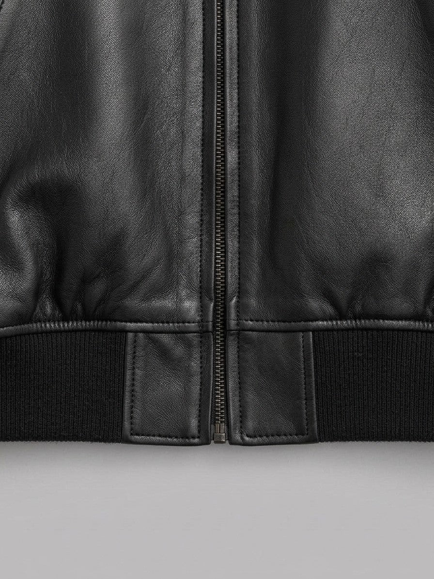 Massa Men's Oversized Genuine Leather Bomber Jacket — black — detail-collar