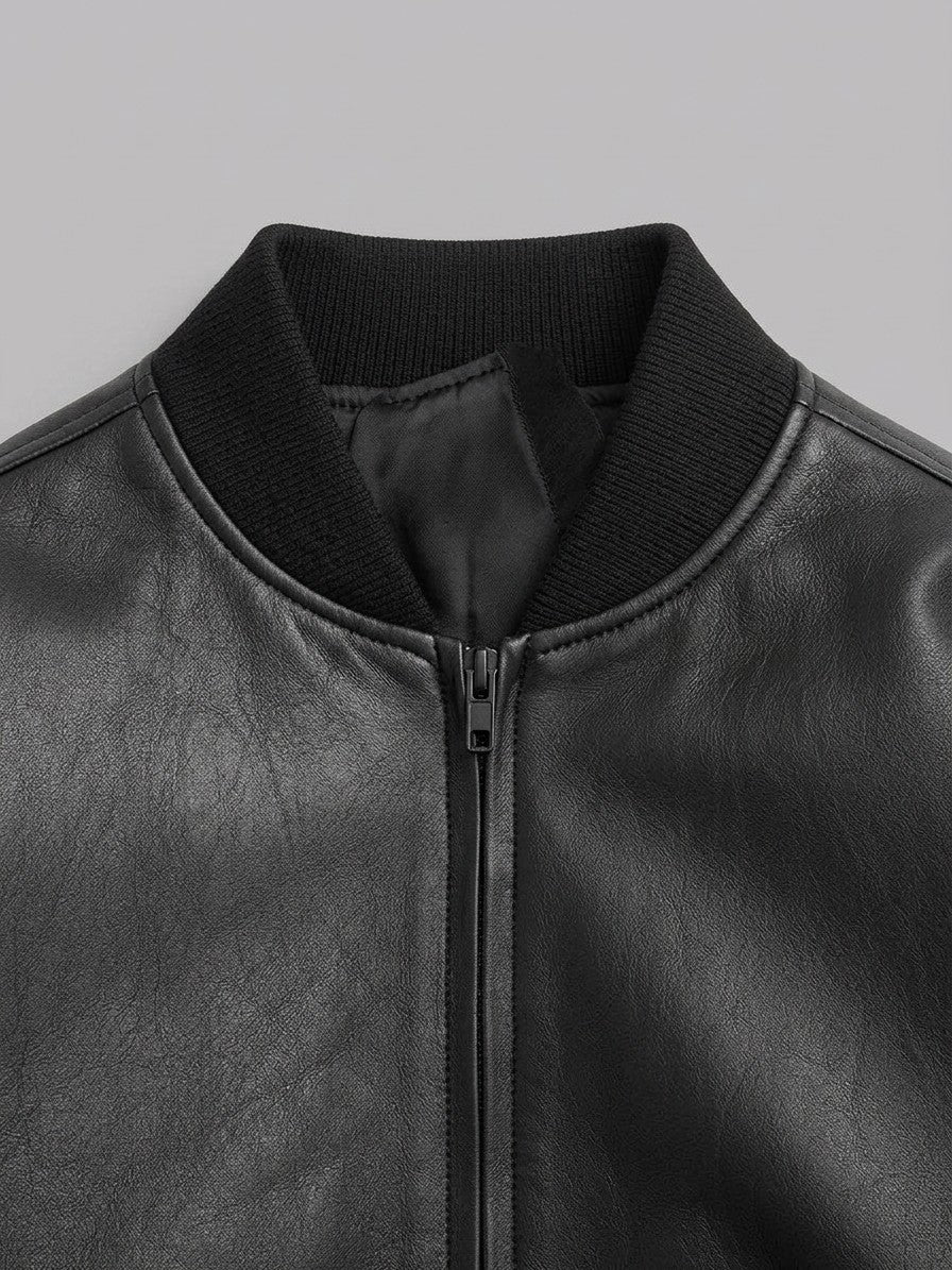 Massa Men's Oversized Genuine Leather Bomber Jacket — black — detail