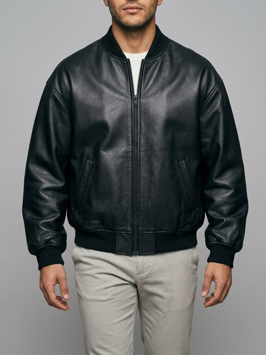 Massa Men's Oversized Genuine Leather Bomber Jacket — black — front