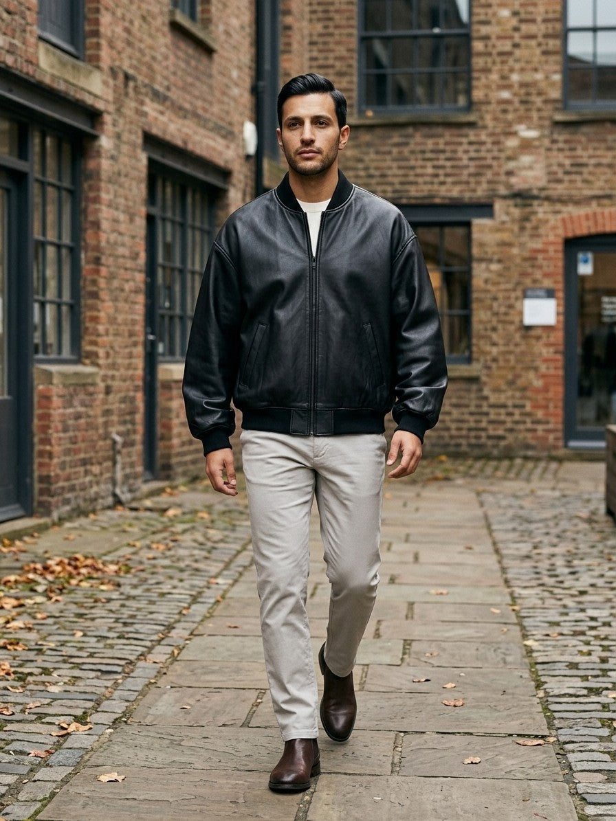 Massa Men's Oversized Genuine Leather Bomber Jacket — black — lifestyle
