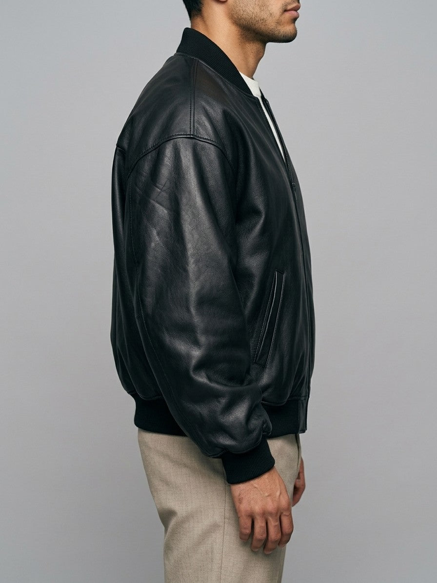 Massa Men's Oversized Genuine Leather Bomber Jacket — black — side