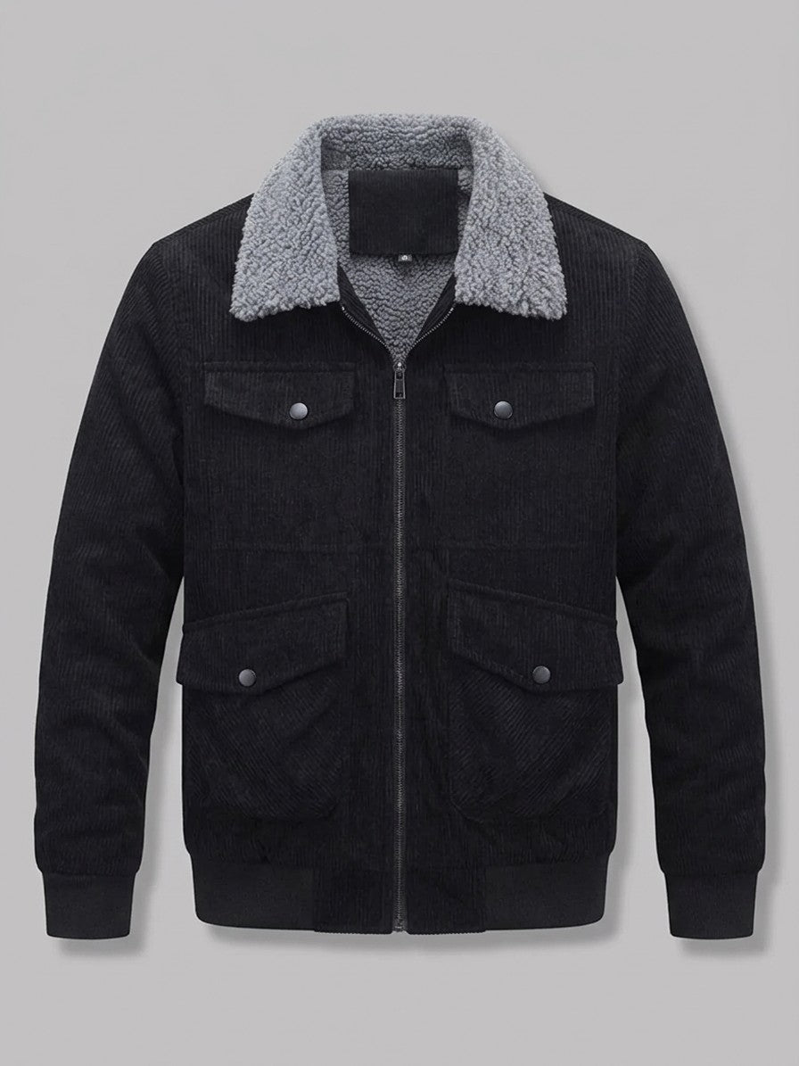 Massafra Men's Four-Pocket Corduroy Sherpa Jacket — black — packshot