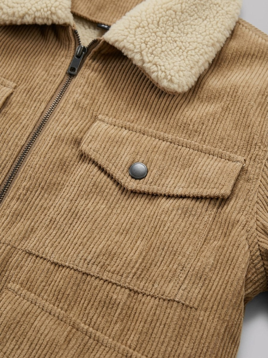 Massafra Men's Four-Pocket Corduroy Sherpa Jacket — camel — detail-collar
