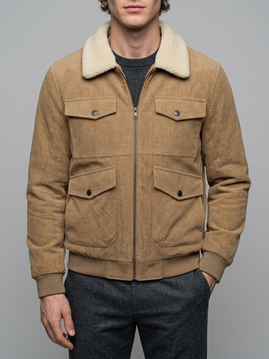 Massafra Men's Four-Pocket Corduroy Sherpa Jacket — camel — front