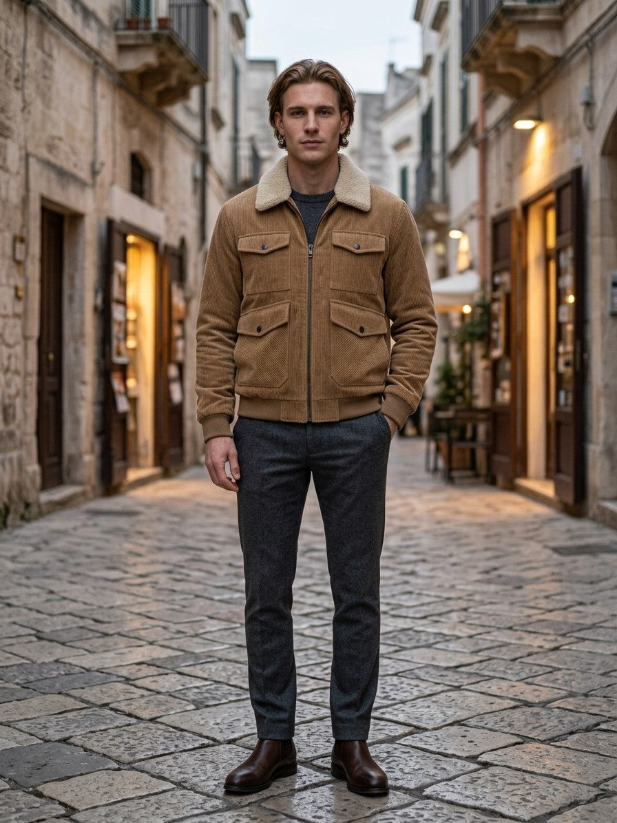 Massafra Men's Four-Pocket Corduroy Sherpa Jacket — camel — lifestyle