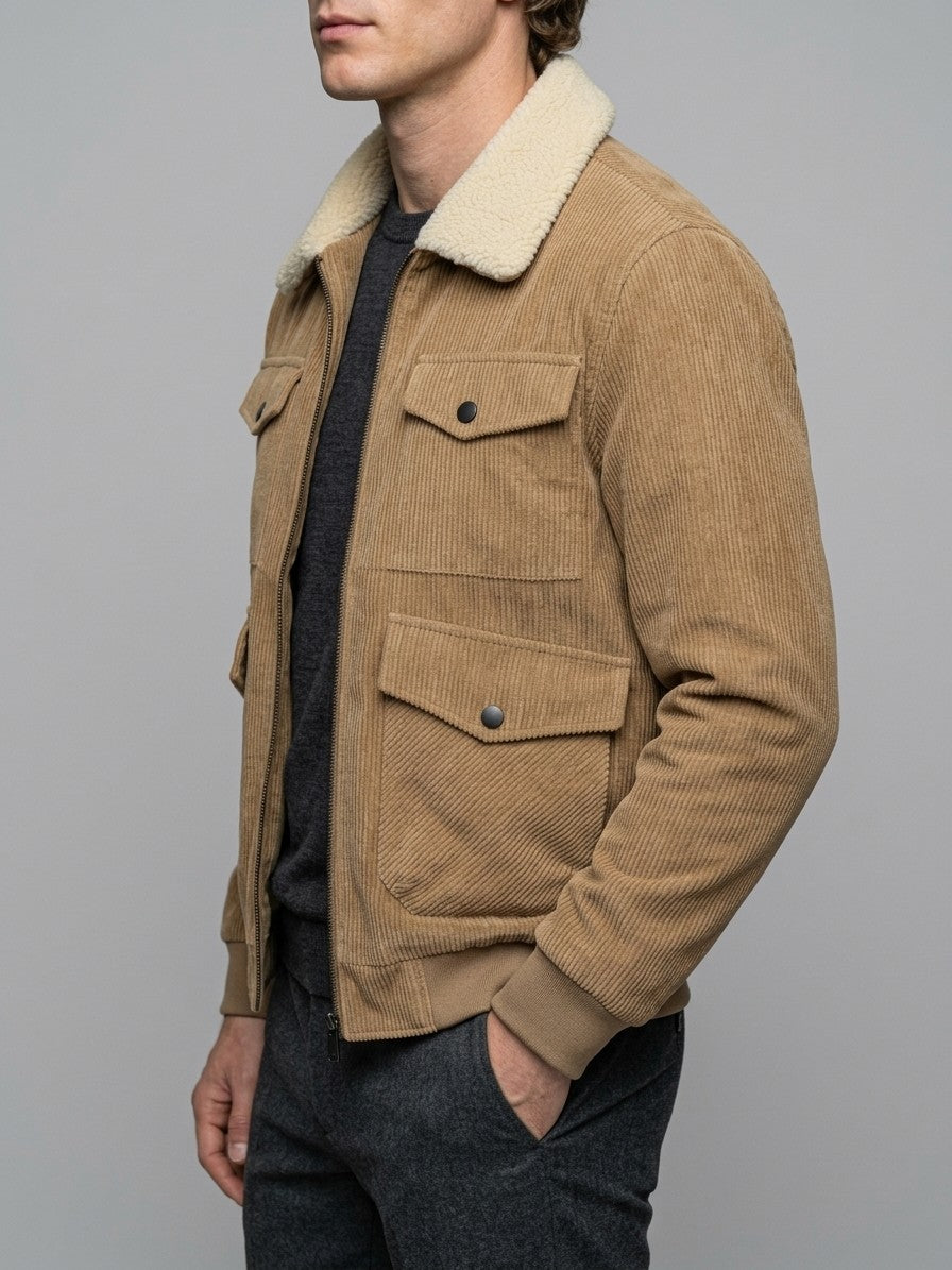 Massafra Men's Four-Pocket Corduroy Sherpa Jacket — camel — side