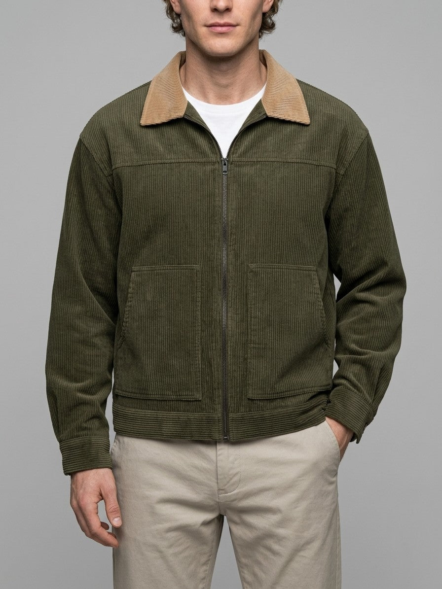 Massarosa Men's Contrast-Collar Corduroy Work Jacket — olivegreen — front