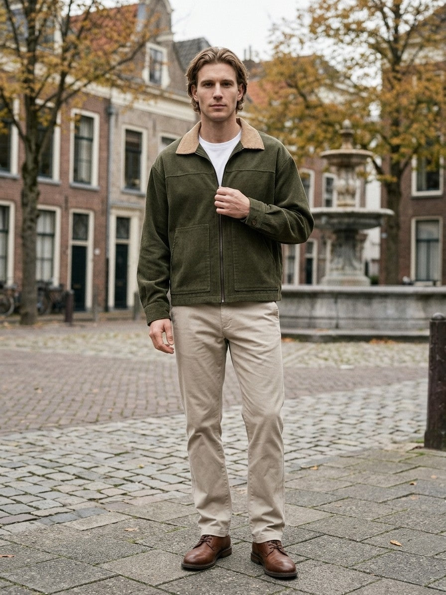 Massarosa Men's Contrast-Collar Corduroy Work Jacket — olivegreen — lifestyle