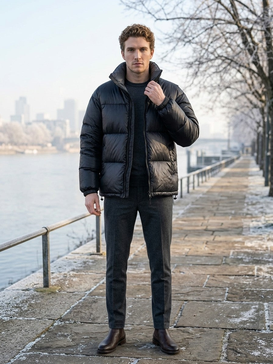 Mazara Men's High-Shine Drawcord Puffer Jacket — black — lifestyle
