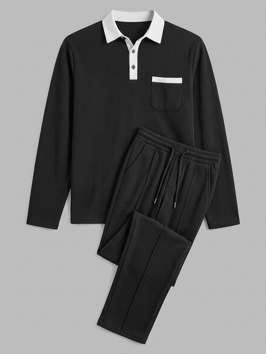 Menaggio Men's Waffle-Knit Polo and Drawstring Trouser Set — black — packshot