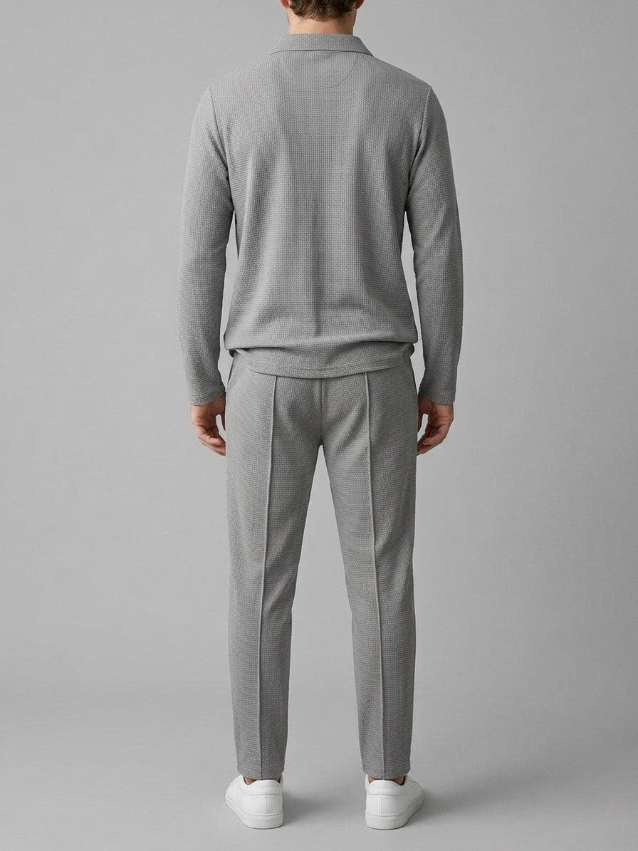 Menaggio Men's Waffle-Knit Polo and Drawstring Trouser Set — gray — closeback